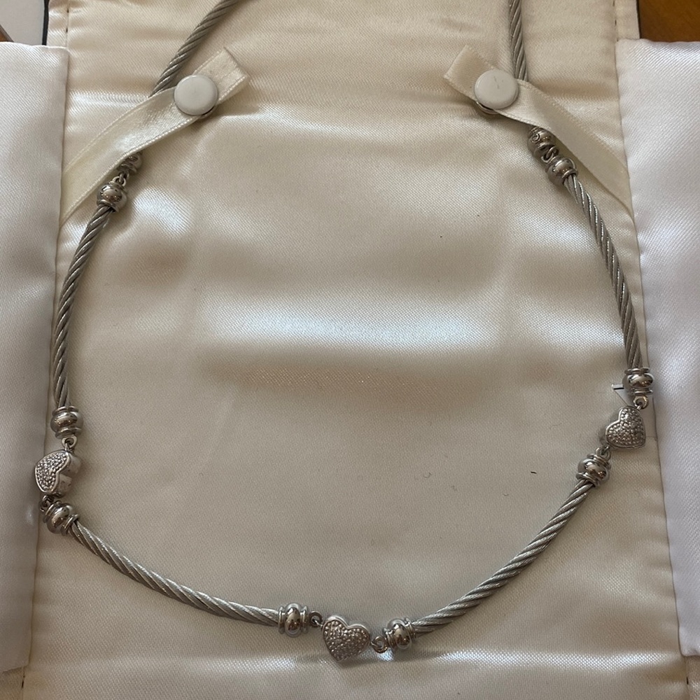 Sterling silver & stainless heart necklace with accent diamonds